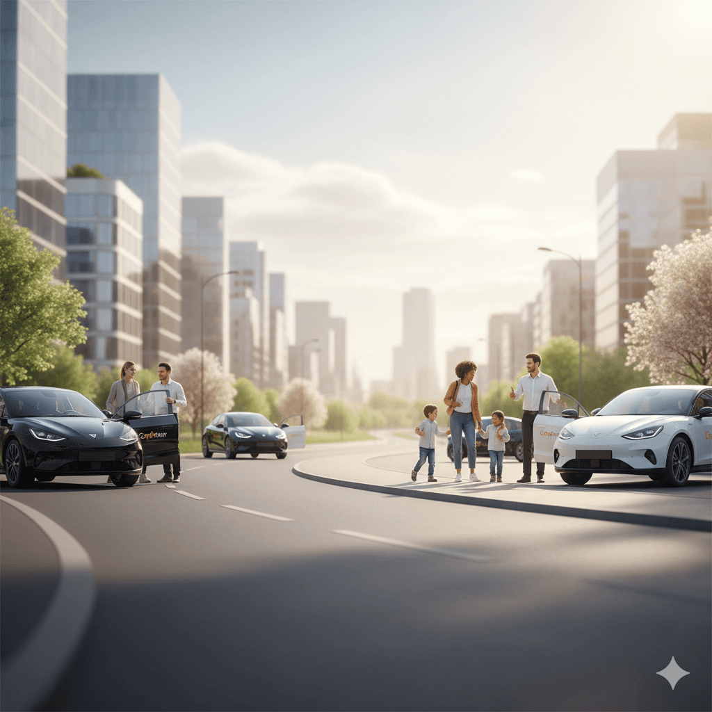 Joyful city street with people and cars